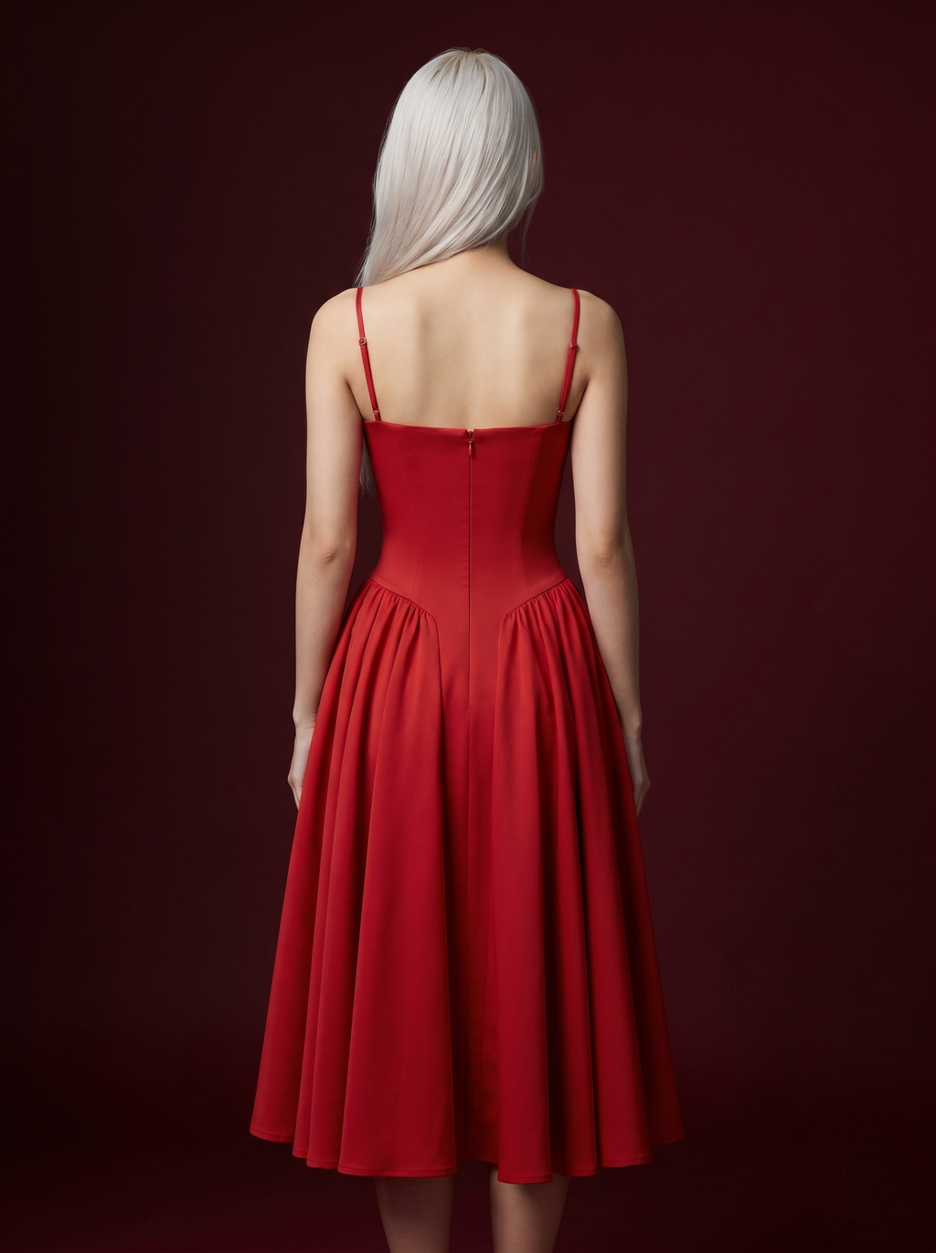 Red Spaghetti Strap Corset Bustier Flared Midi Dress