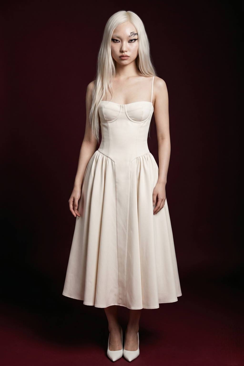 White Spaghetti Strap Corset Bustier Flared Midi Dress
