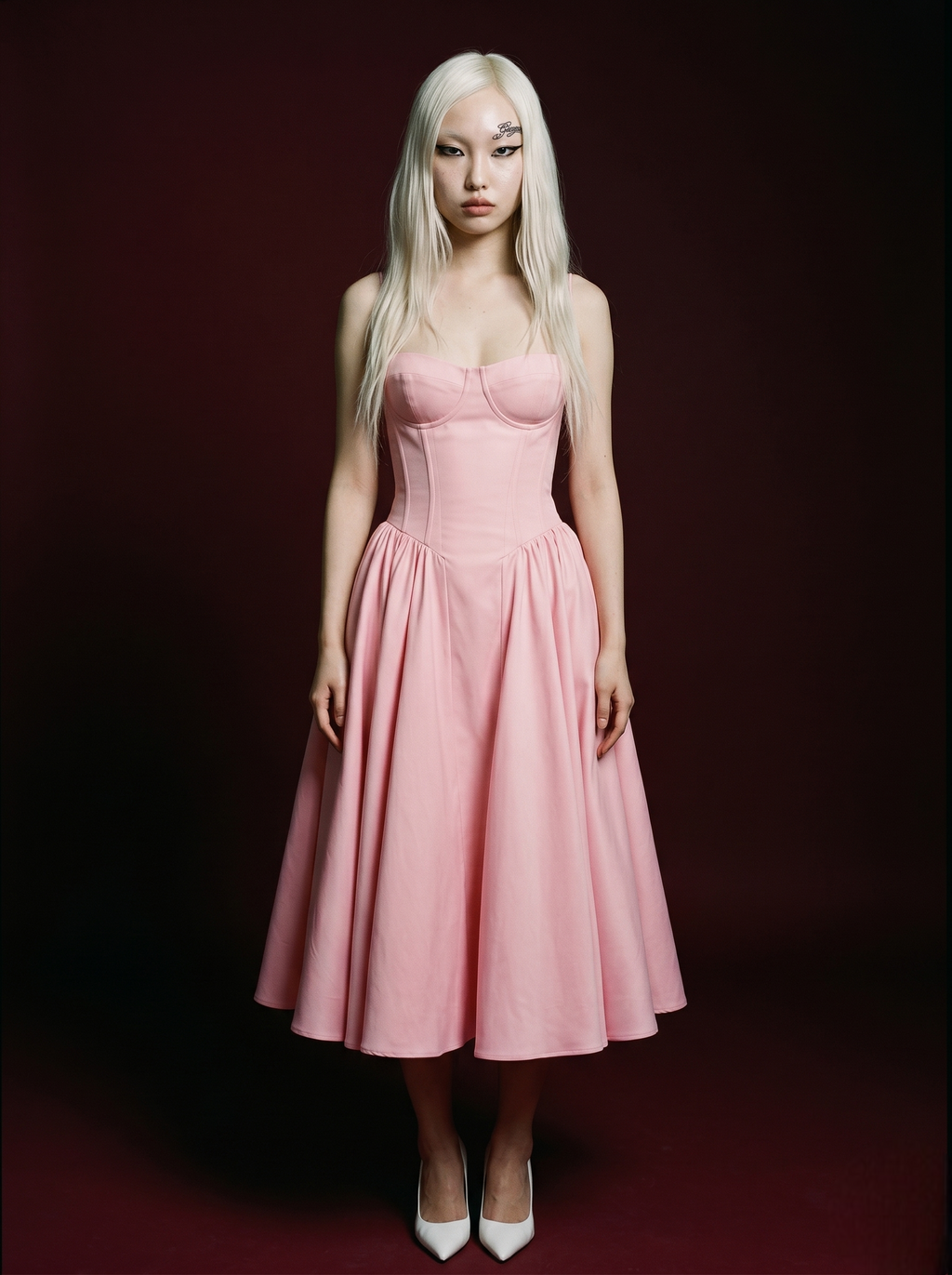 White Spaghetti Strap Corset Bustier Flared Midi Dress