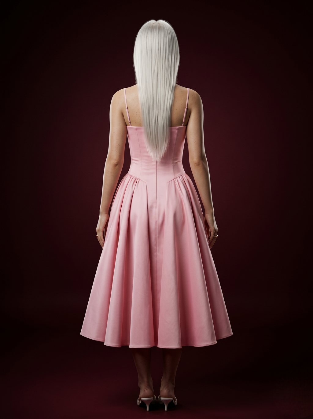 White Spaghetti Strap Corset Bustier Flared Midi Dress