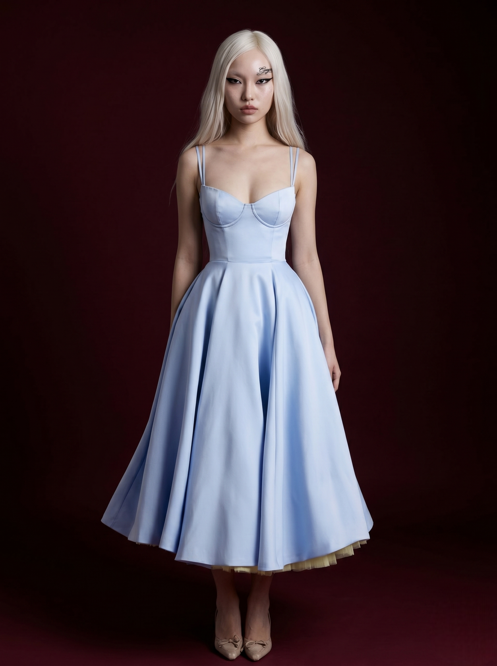Baby Blue Double Strap Corset Bustier Tulle Midi Dress