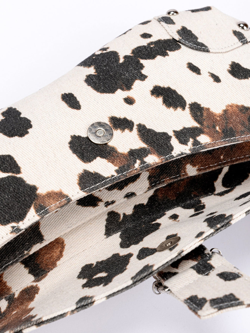 White & Black Cow Print Mini Flap Crossbody Bag with Snake Print Strap & Silver Studs