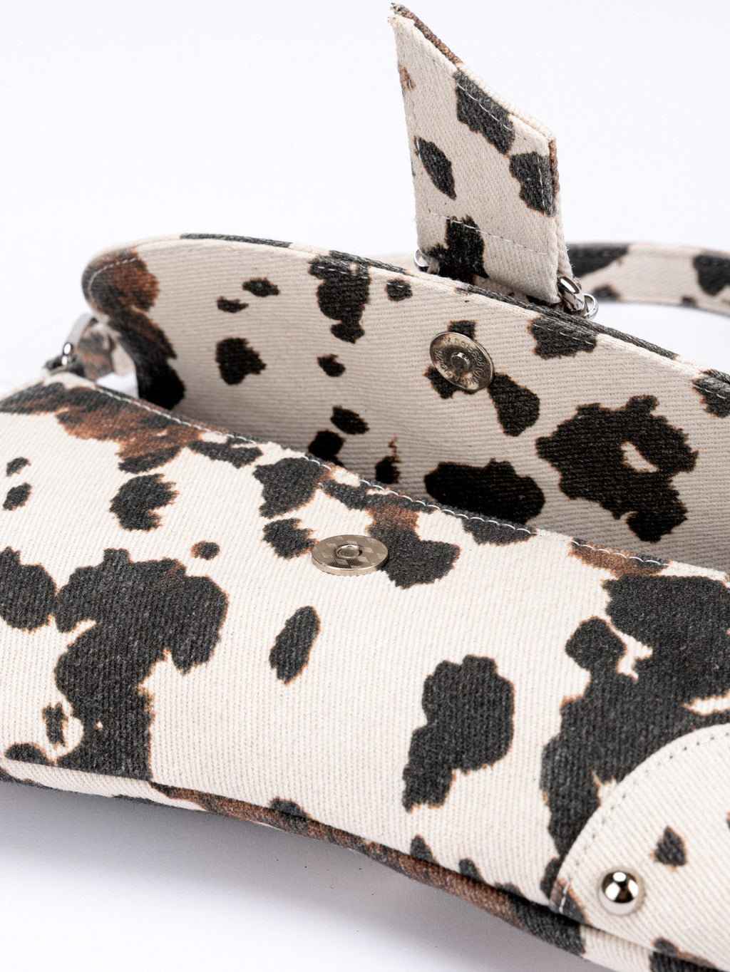 White & Black Cow Print Mini Flap Crossbody Bag with Snake Print Strap & Silver Studs