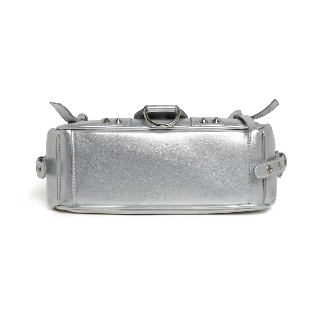 Silver Metallic Moto Biker Shoulder Bag with Multi-Zip & Stud Detail