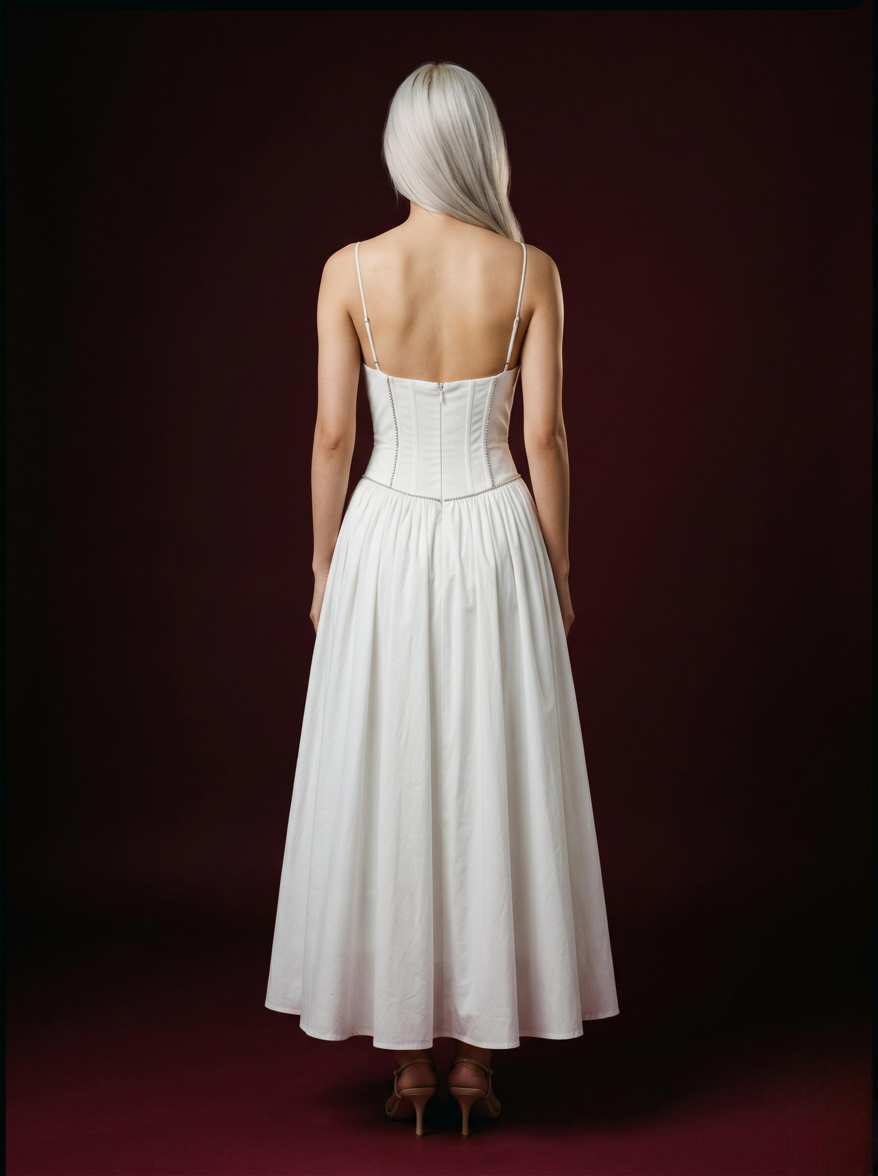 White Rhinestone Seam Spaghetti Strap Square Neck Corset Pleated Maxi Dress