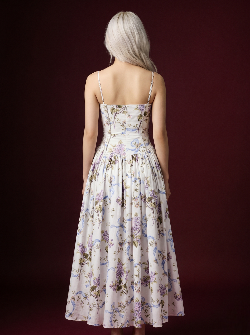 Ivory Lilac Floral Blue Ribbon Print Spaghetti Strap Corset Pleated Midi Dress