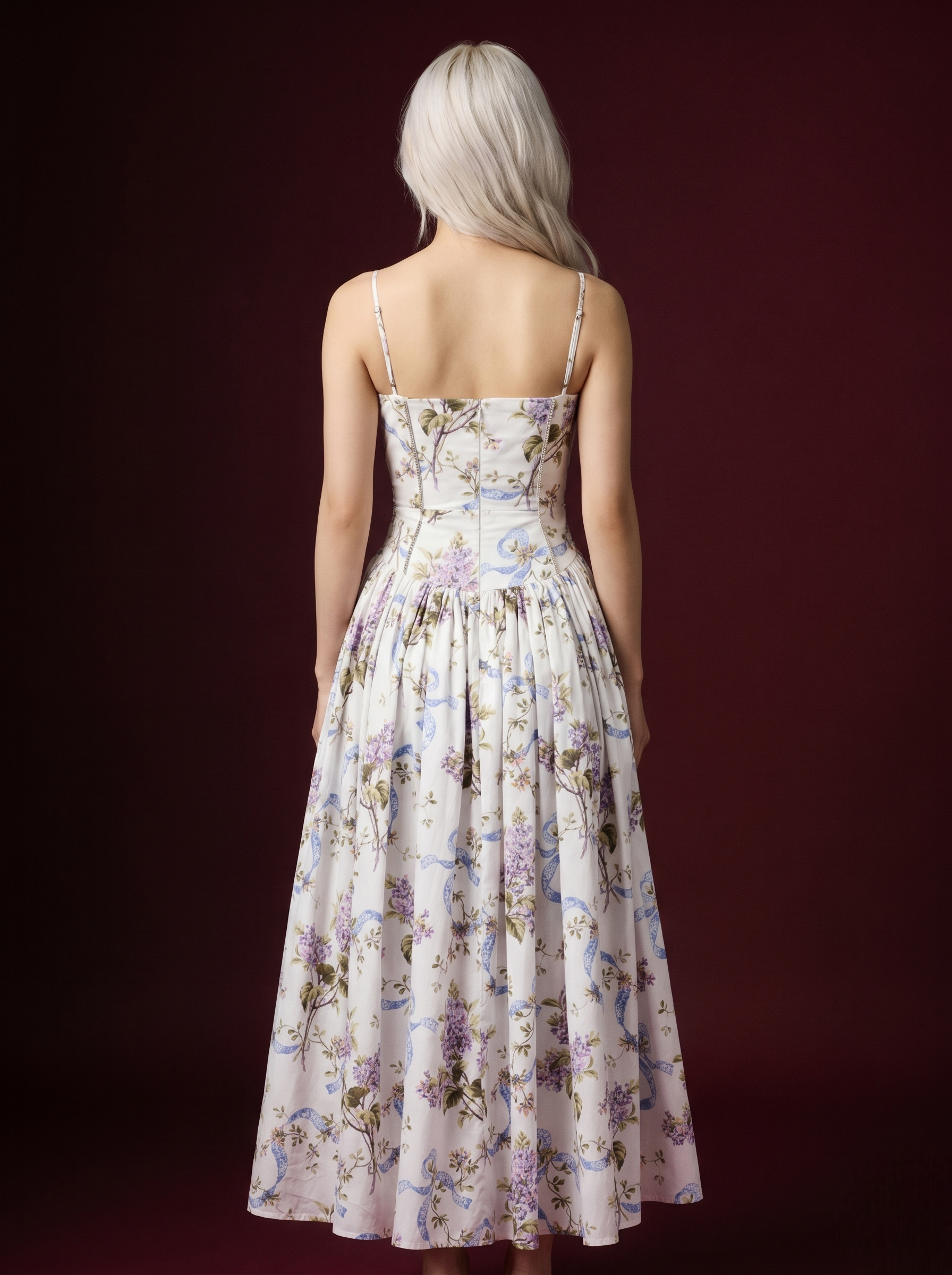 Ivory Lilac Floral Blue Ribbon Print Spaghetti Strap Corset Pleated Midi Dress