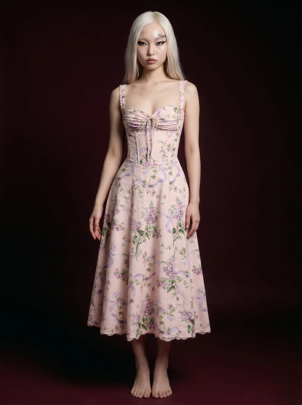 Blush Pink Large Rose Print Corset Lace-Hem Midi Dress