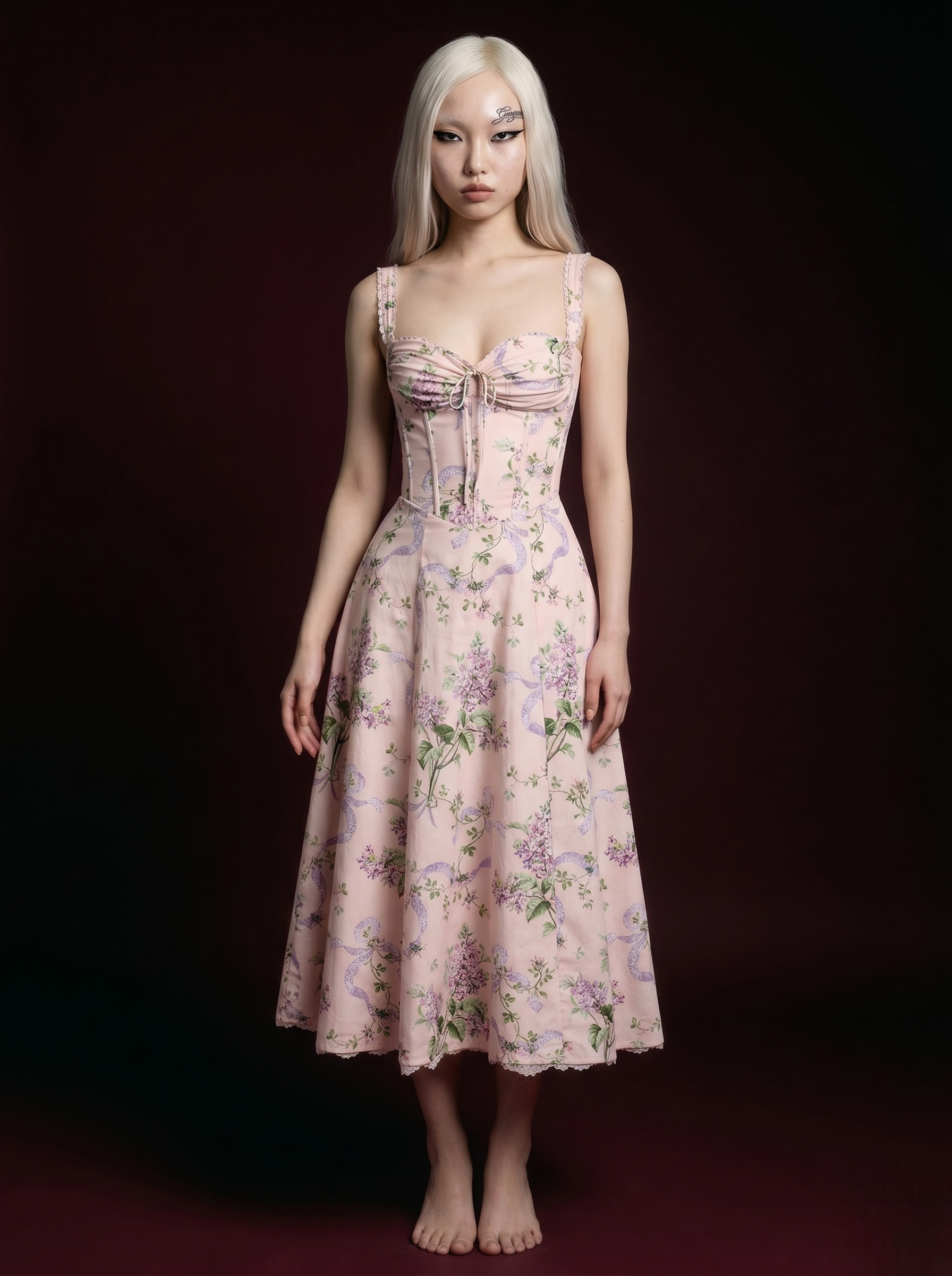 Blush Pink Large Rose Print Corset Lace-Hem Midi Dress