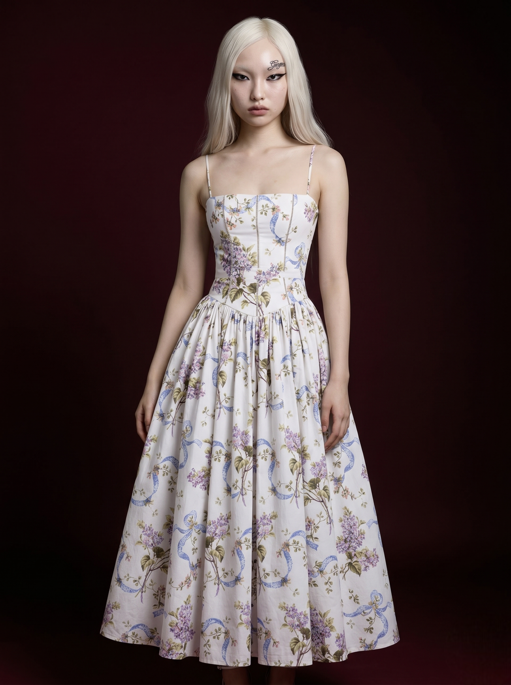 Ivory Lilac Floral Blue Ribbon Print Spaghetti Strap Corset Pleated Midi Dress