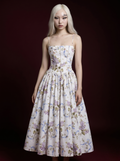 Ivory Lilac Floral Blue Ribbon Print Spaghetti Strap Corset Pleated Midi Dress
