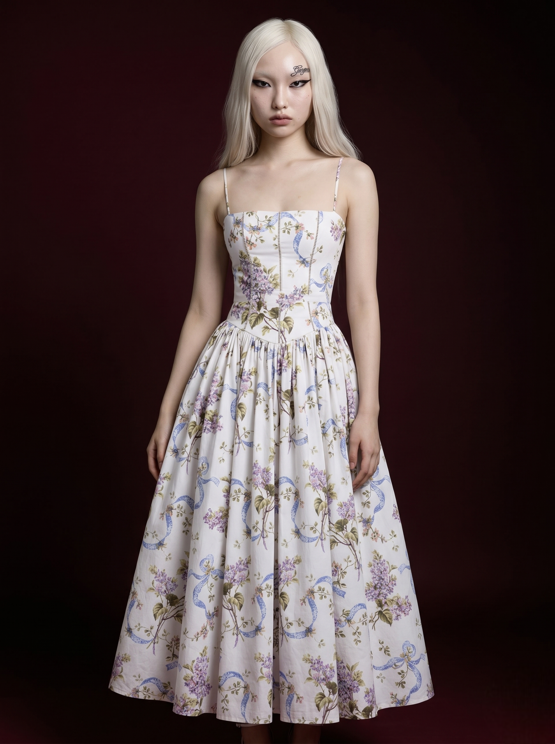 Ivory Lilac Floral Blue Ribbon Print Spaghetti Strap Corset Pleated Midi Dress