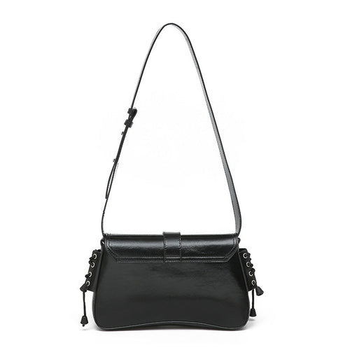 Black Patent Multi-Pocket Flap Shoulder Bag with Lace-Up Sides & Eyelet Detail