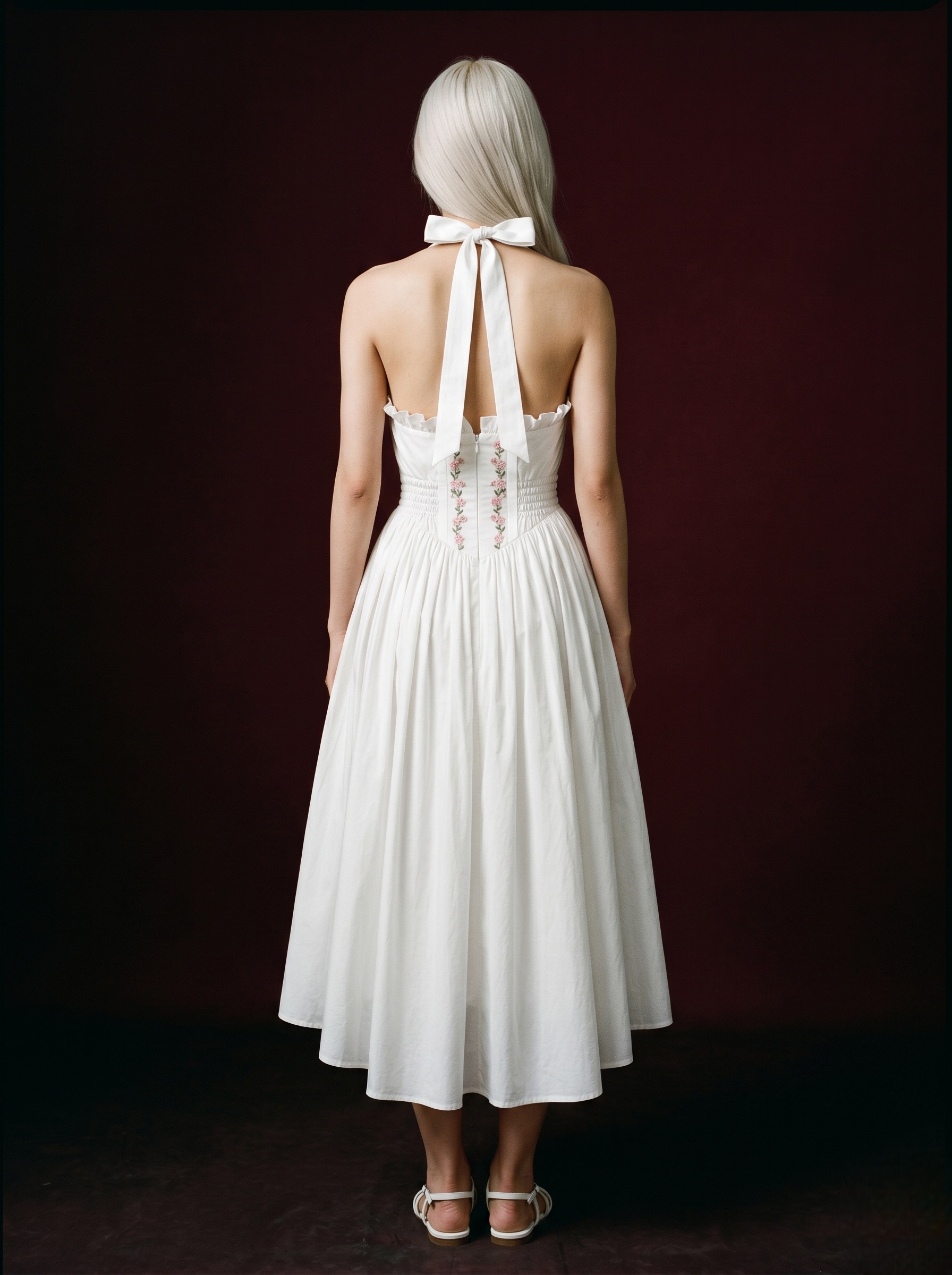 White Halter Pintuck Corset Lace-Trim Scallop Hem Midi Dress