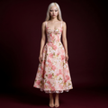 Blush Pink Large Rose Print Corset Lace-Hem Midi Dress