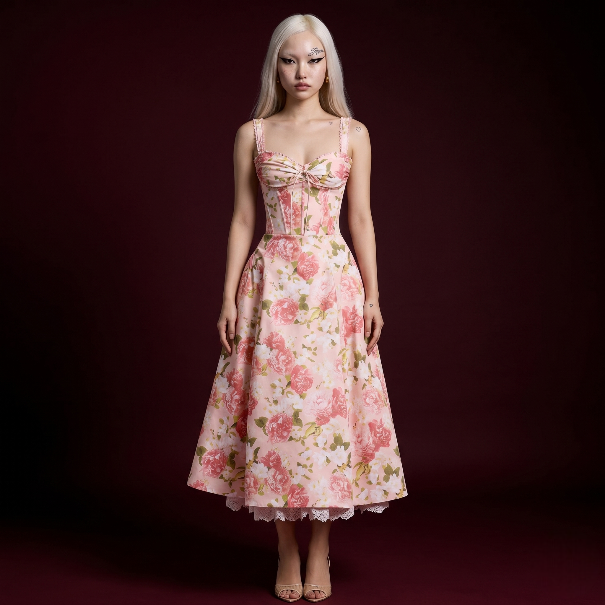 Blush Pink Large Rose Print Corset Lace-Hem Midi Dress