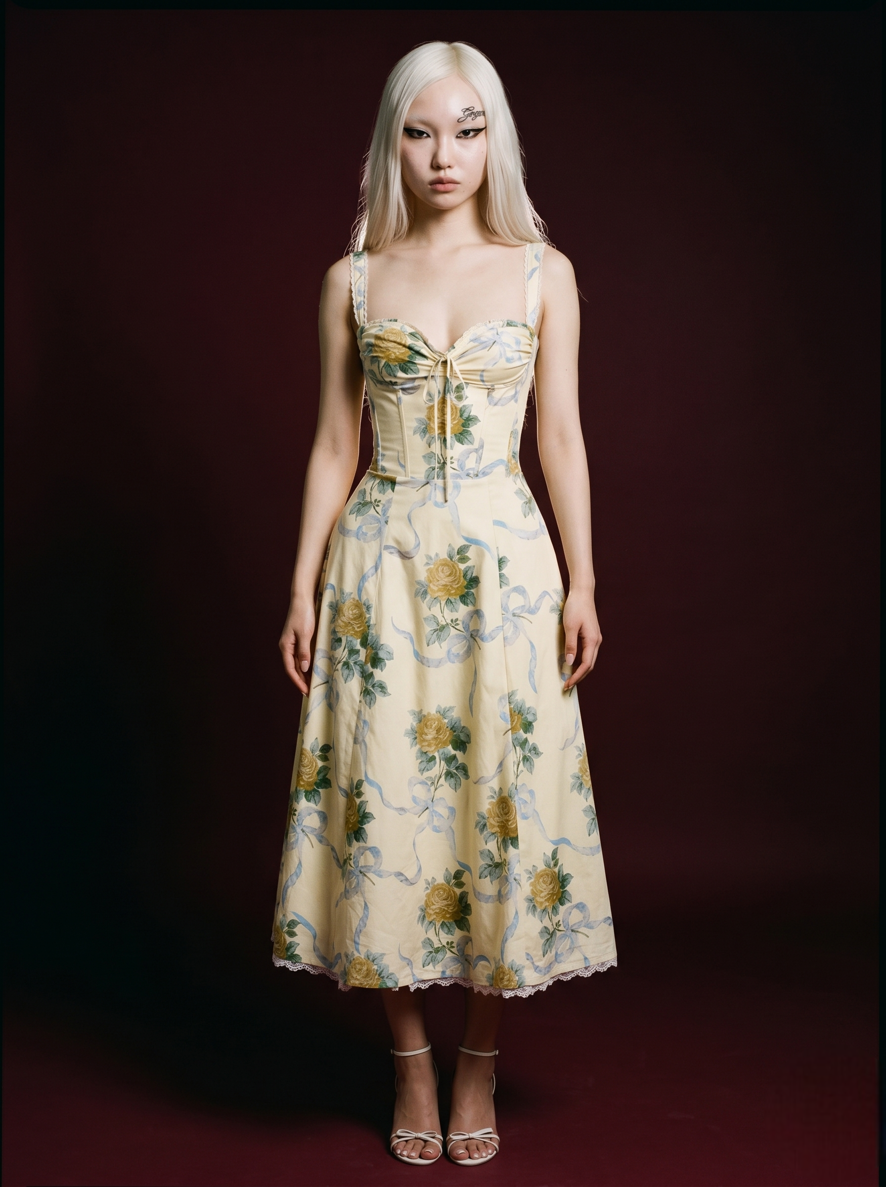 Butter Yellow Rose & Blue Ribbon Print Corset Lace-Hem Midi Dress
