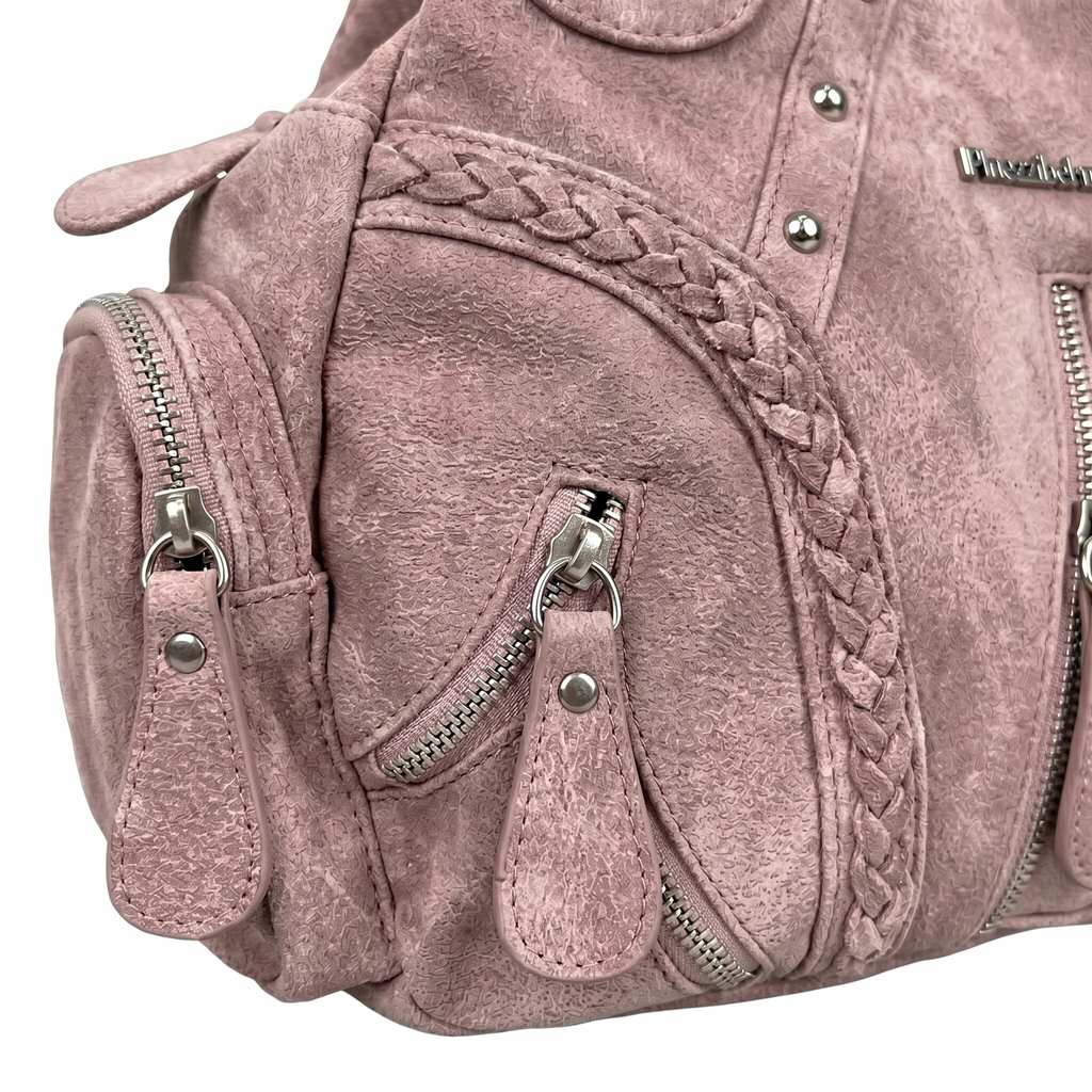 Dusty Pink Multi-Pocket Studded Shoulder Bag with Braided Detail