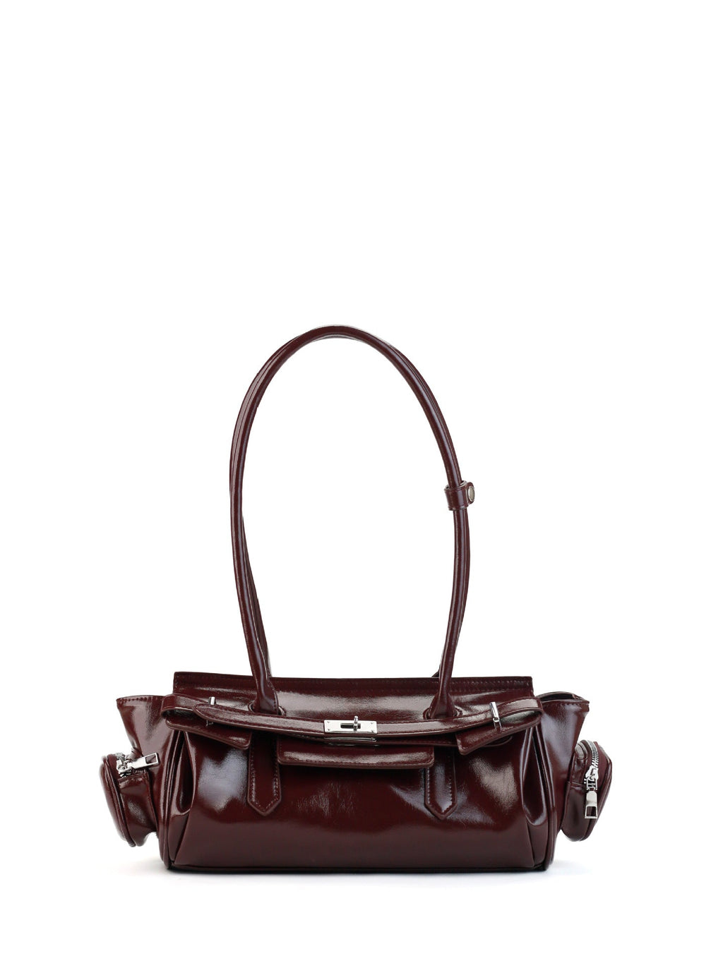 Burgundy Patent Structured Top Handle Bag with Turn-Lock & Side Pocket Detail