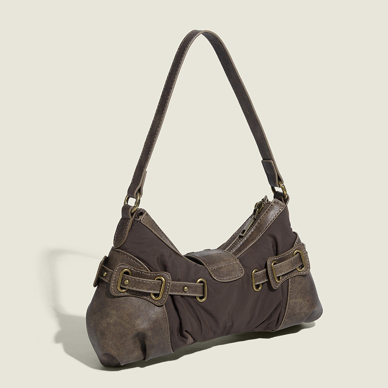 Mocha Brown Buckle Strap Shoulder Bag with Distressed Leather Trim