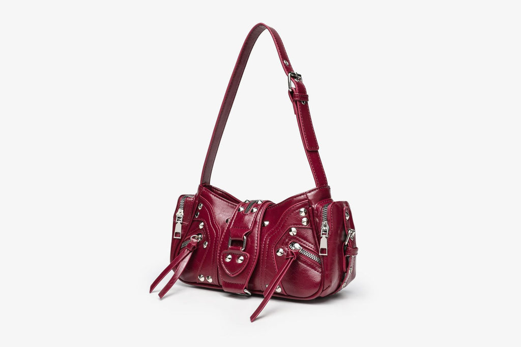 Cherry Red Studded Moto Top Handle Bag with Multi-Zip & Buckle Detail