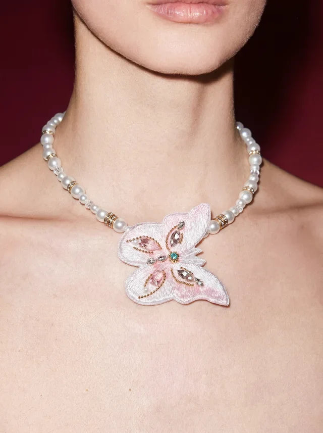 Pearl Bead Necklace with Embroidered Floral Butterfly Pendant